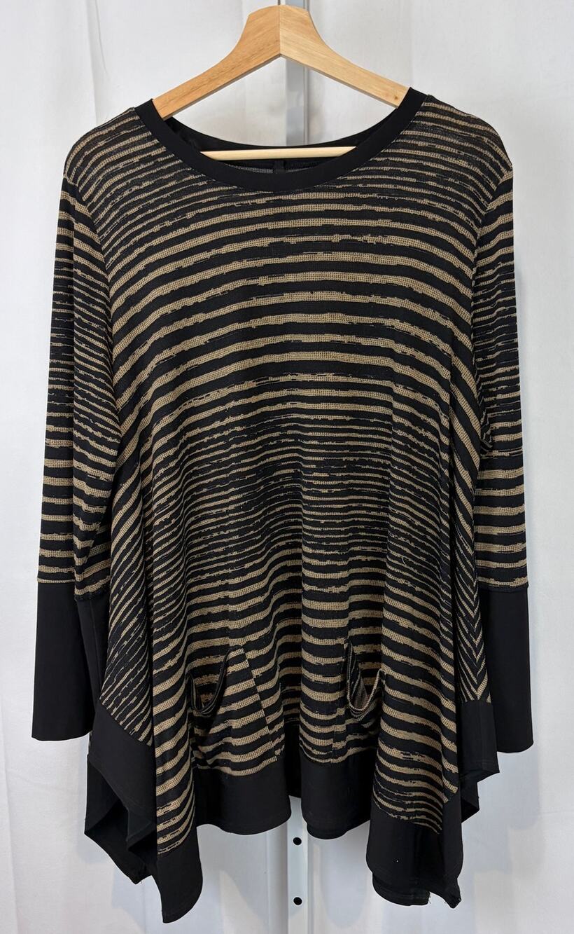 IC COLLECTION Tunic Top Striped Knit Pullover Pockets Beige Black Size L